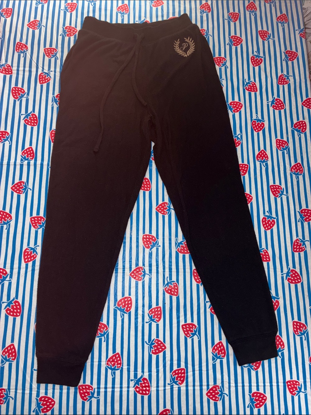 PINK Victoria's Secret Black Drawstring Track Joggers with Laurel Crest